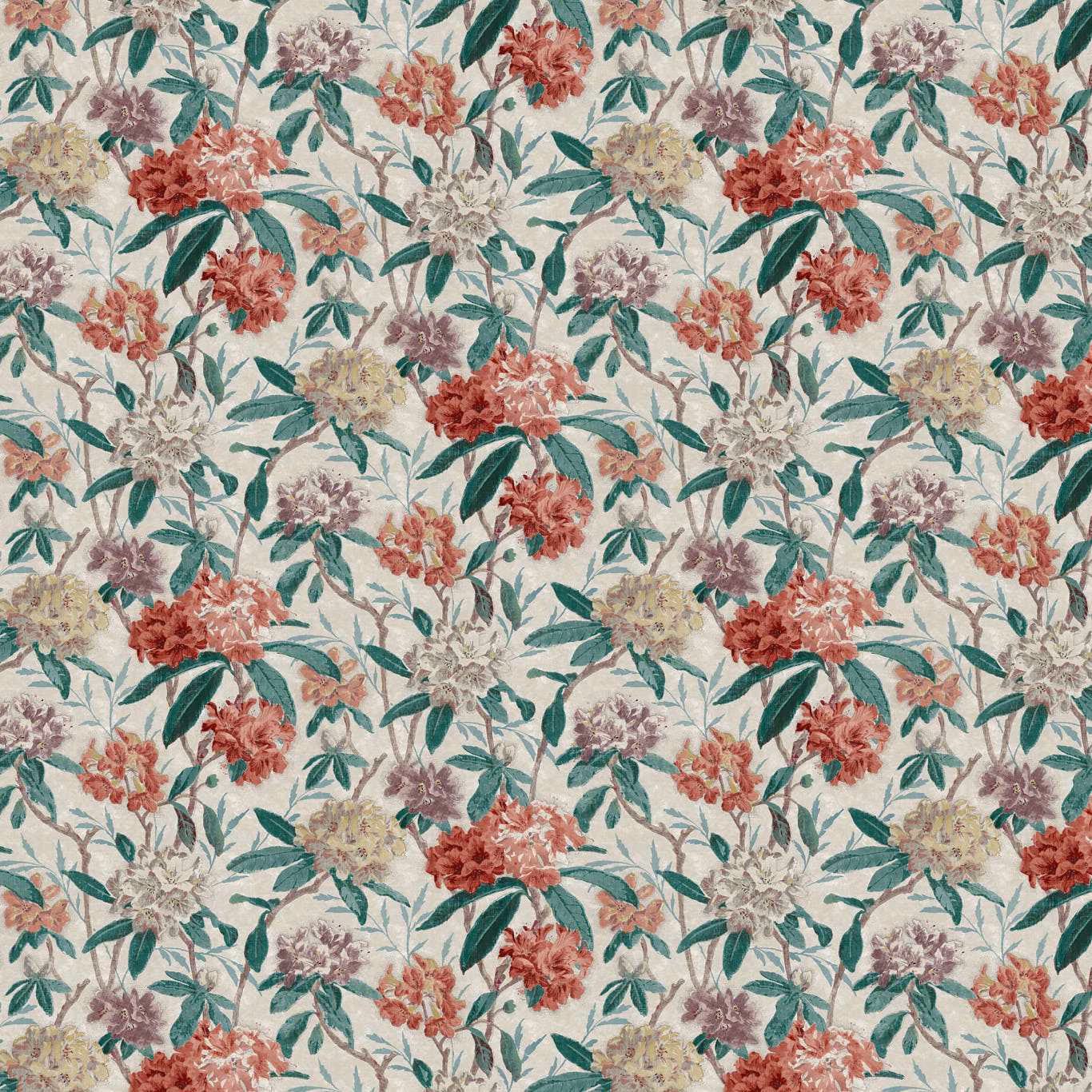 Ivory floral chintz with coral, teal, red and mauve blossoms and leafy stems
