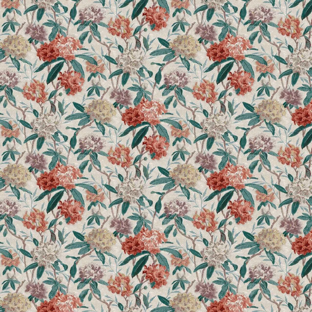 Ivory floral chintz with coral, teal, red and mauve blossoms and leafy stems