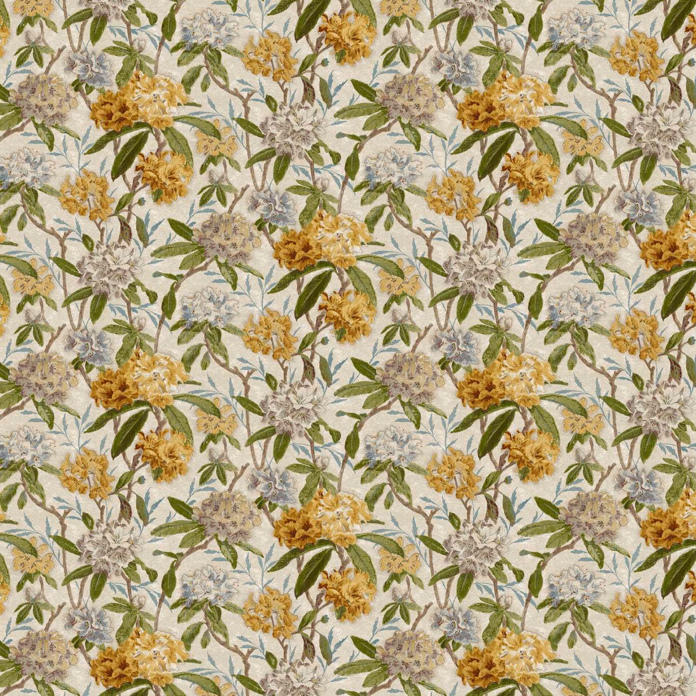 Cream botanical fabric with ochre flowers, sage leaves and blue-grey blooms