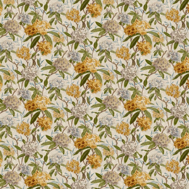 Cream botanical fabric with ochre flowers, sage leaves and blue-grey blooms