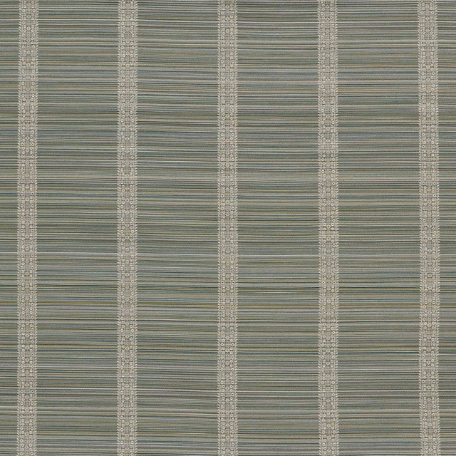 Muted eau-de-nil outdoor stripe with pale ornamental vertical bands and fine woven texture