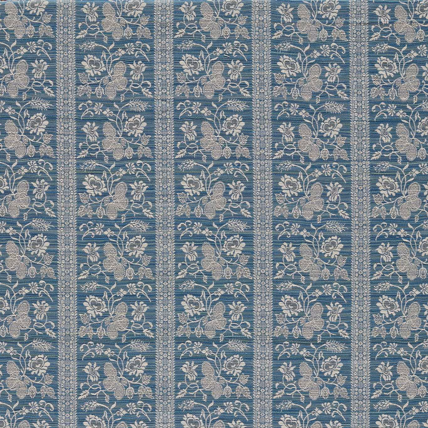 Blue-grey Azure outdoor fabric with ivory floral stripes and textured woven ground