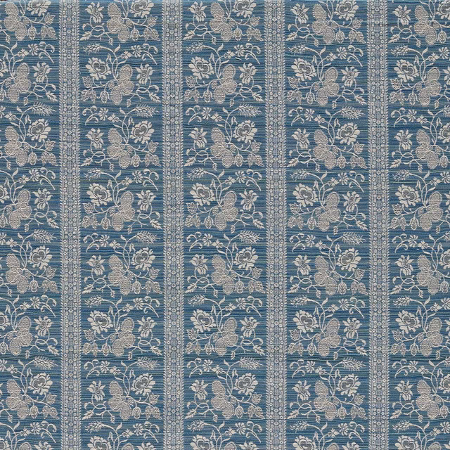 Blue-grey Azure outdoor fabric with ivory floral stripes and textured woven ground