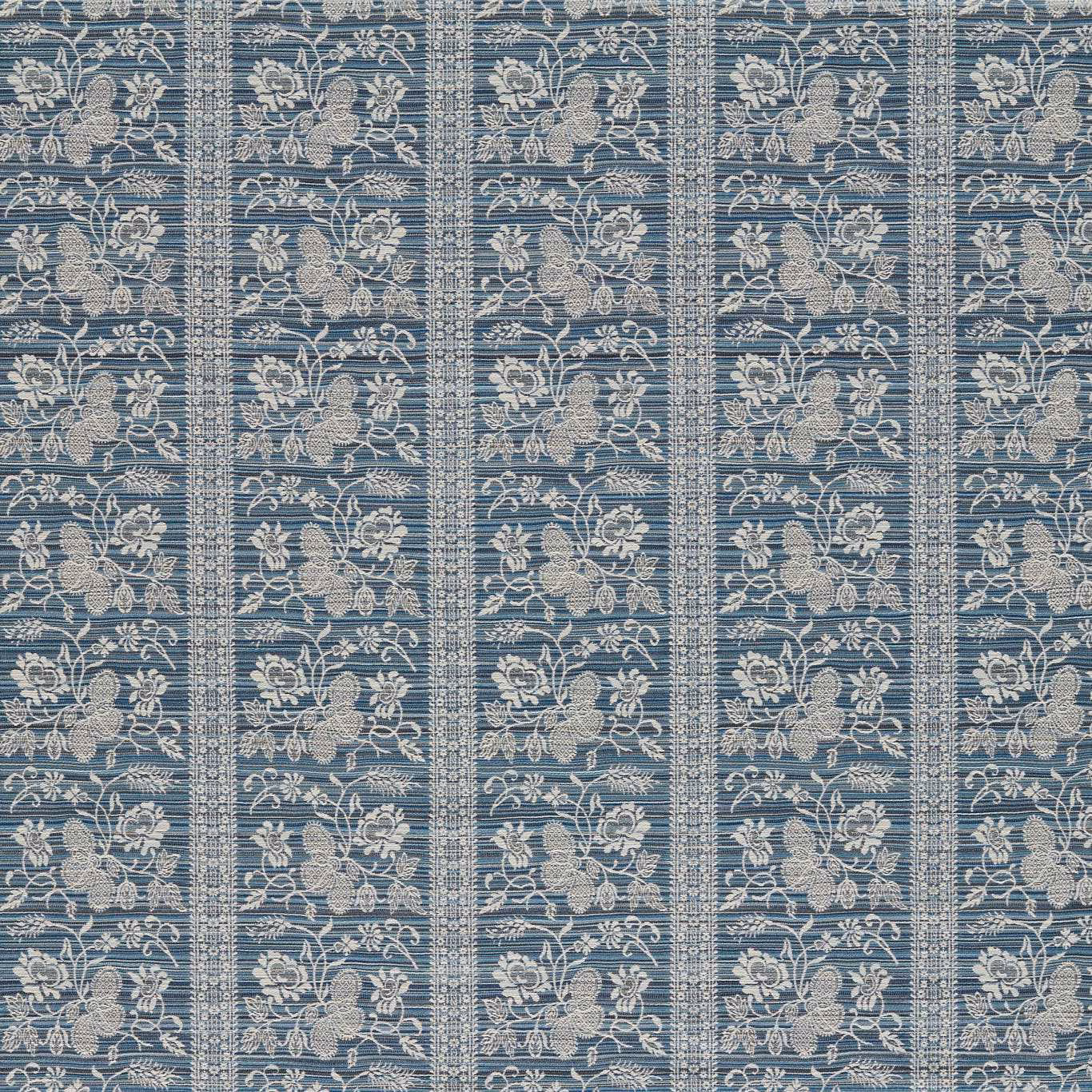 Blue stone woven stripe with pale scrolling florals and intricate vertical borders