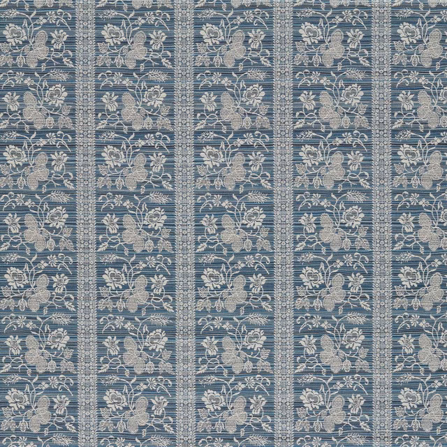 Blue stone woven stripe with pale scrolling florals and intricate vertical borders