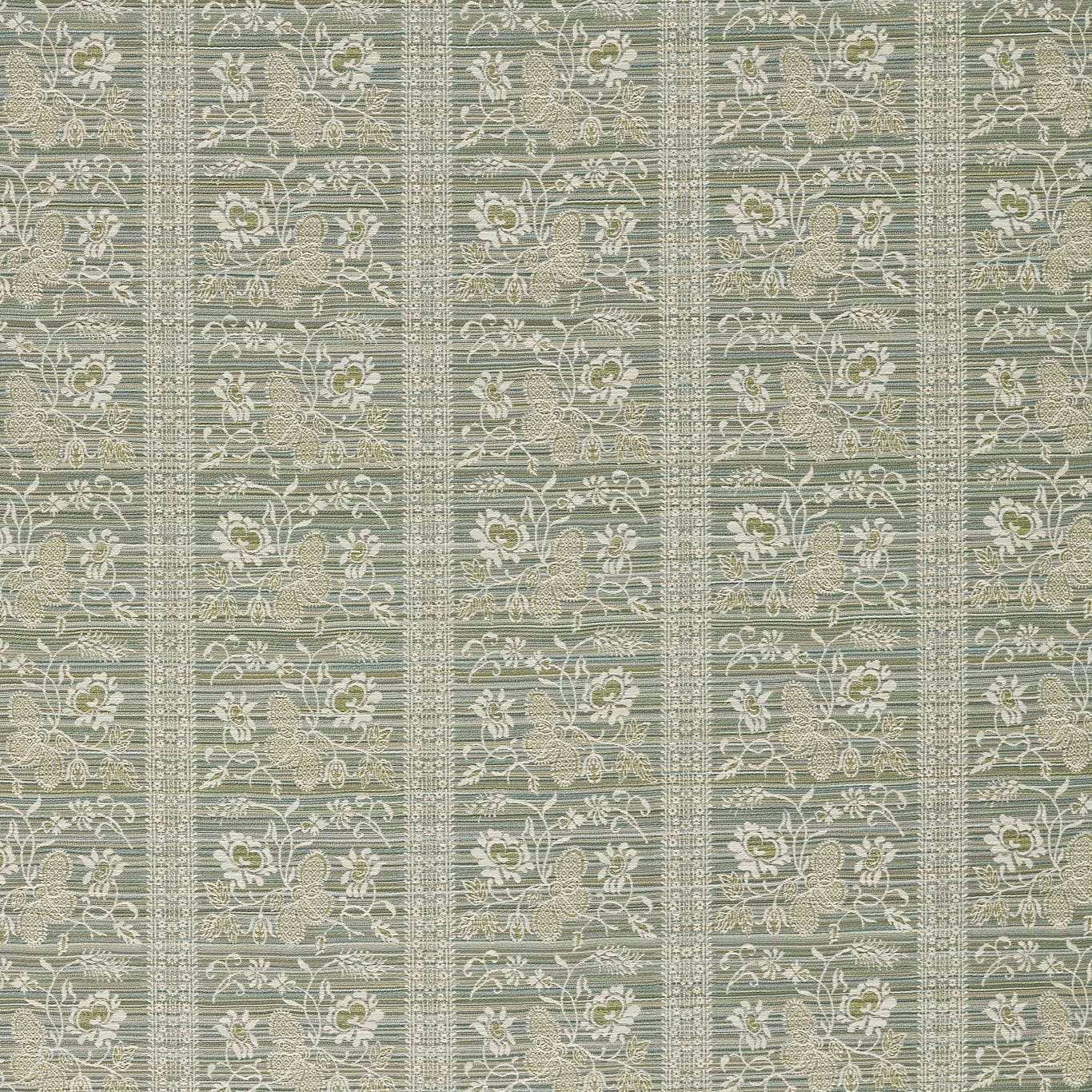Muted eau de nil woven stripe with cream floral vines and fine textured bands