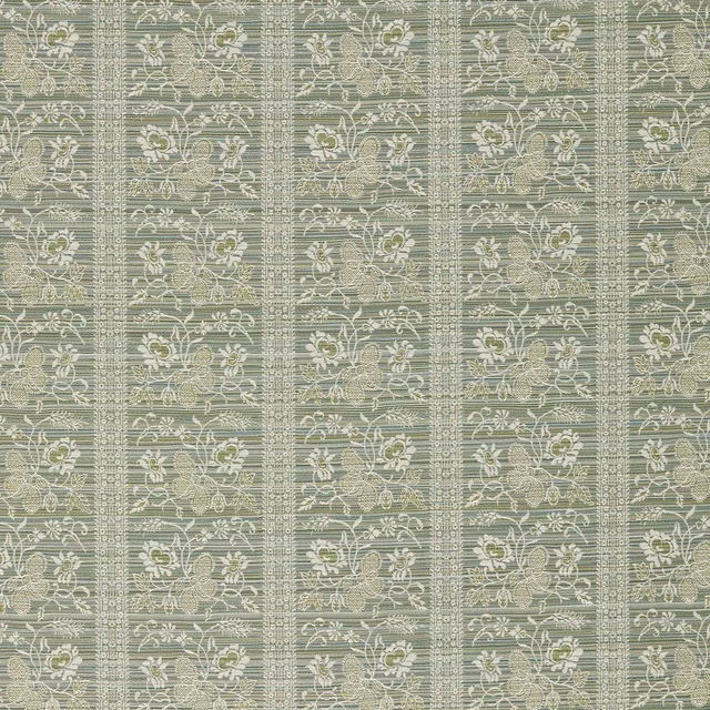 Muted eau de nil woven stripe with cream floral vines and fine textured bands