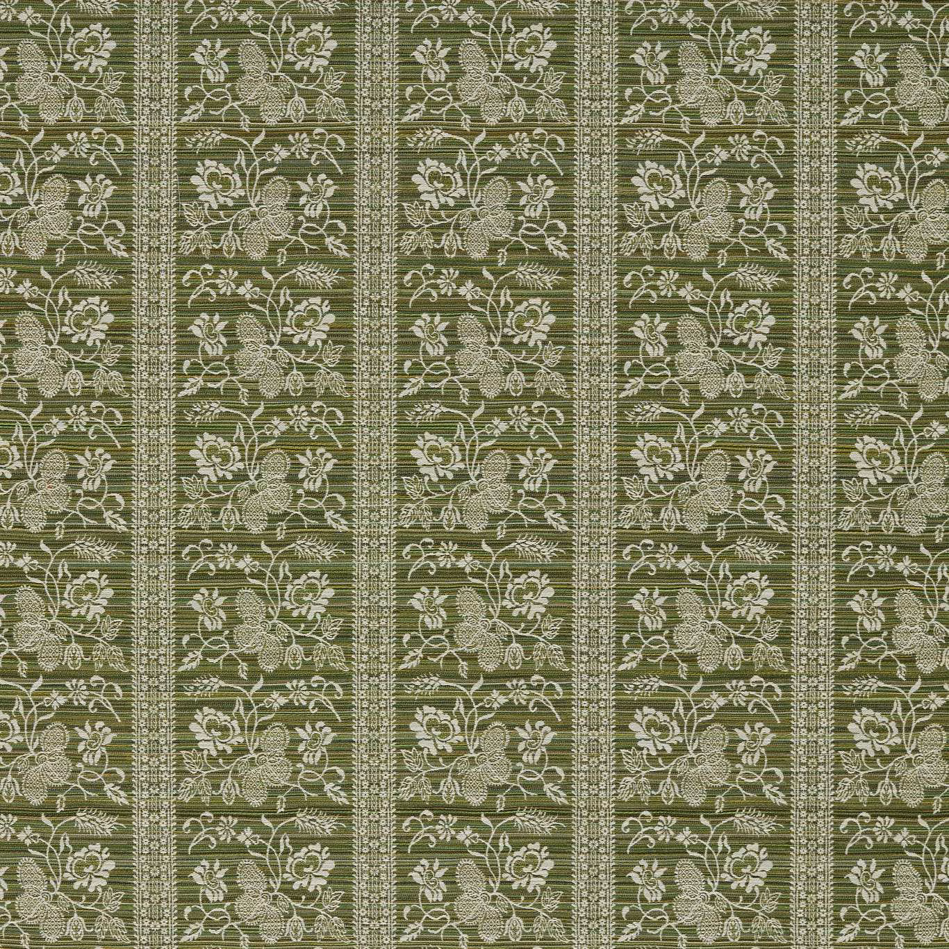 Muted olive-green stripe with cream florals and finely woven botanical texture