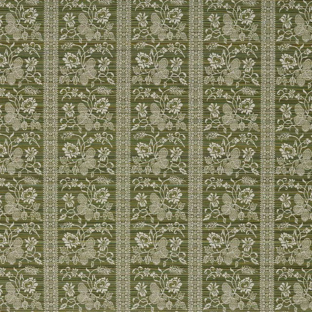 Muted olive-green stripe with cream florals and finely woven botanical texture