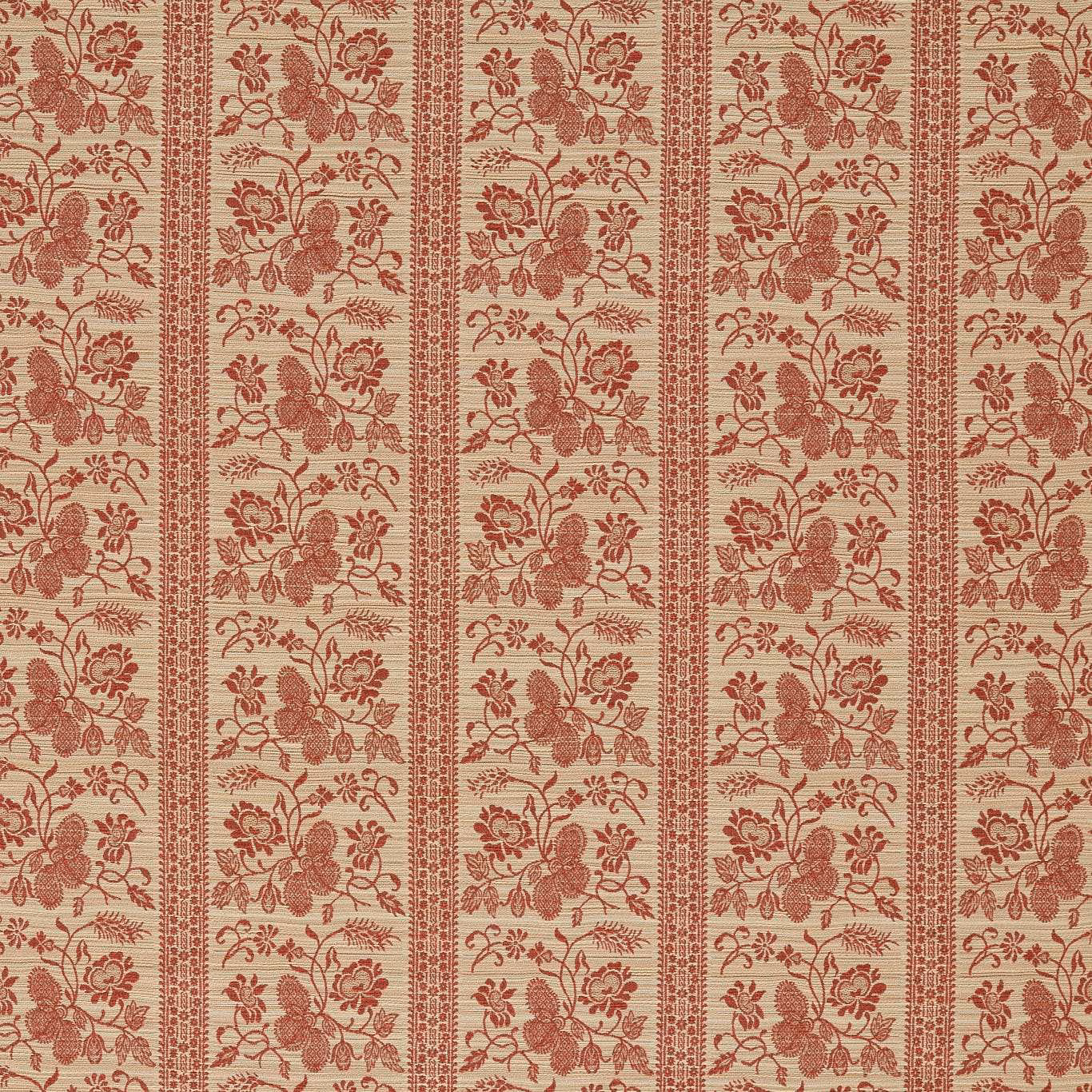 Sandstone woven ground with russet floral panels and narrow geometric stripes