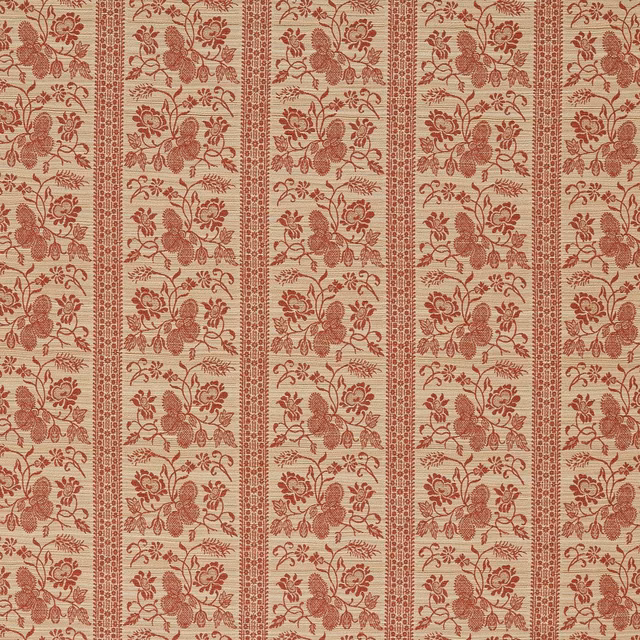 Sandstone woven ground with russet floral panels and narrow geometric stripes