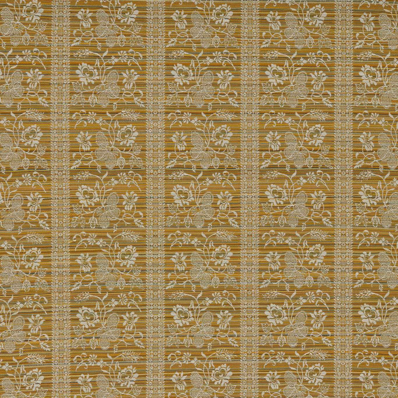 Warm ochre yellow outdoor fabric with cream floral stripes and woven textured detail