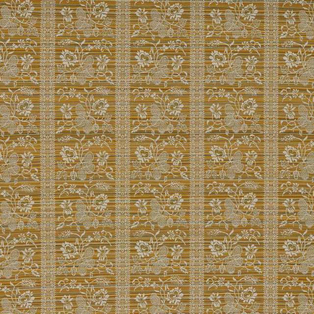Warm ochre yellow outdoor fabric with cream floral stripes and woven textured detail