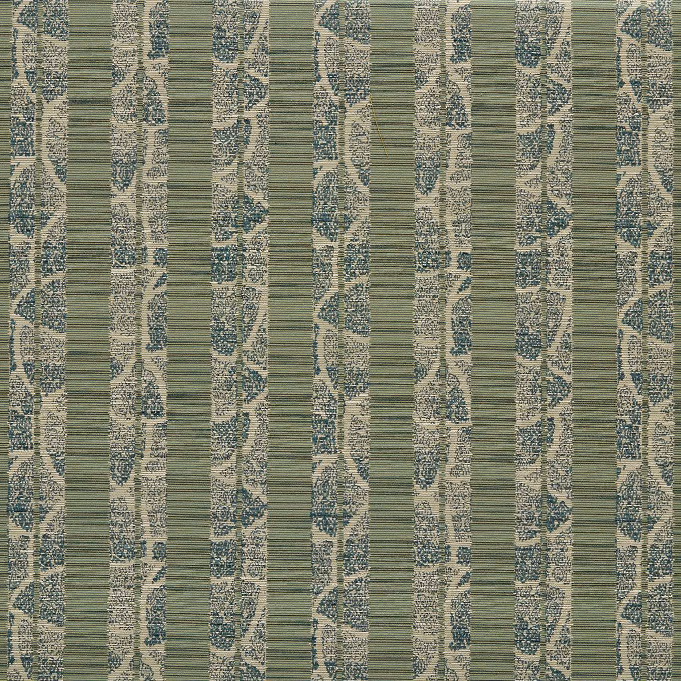 Muted jade and cream vertical stripes with blue-grey organic marks and fine horizontal texture