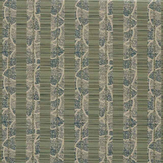 Muted jade and cream vertical stripes with blue-grey organic marks and fine horizontal texture