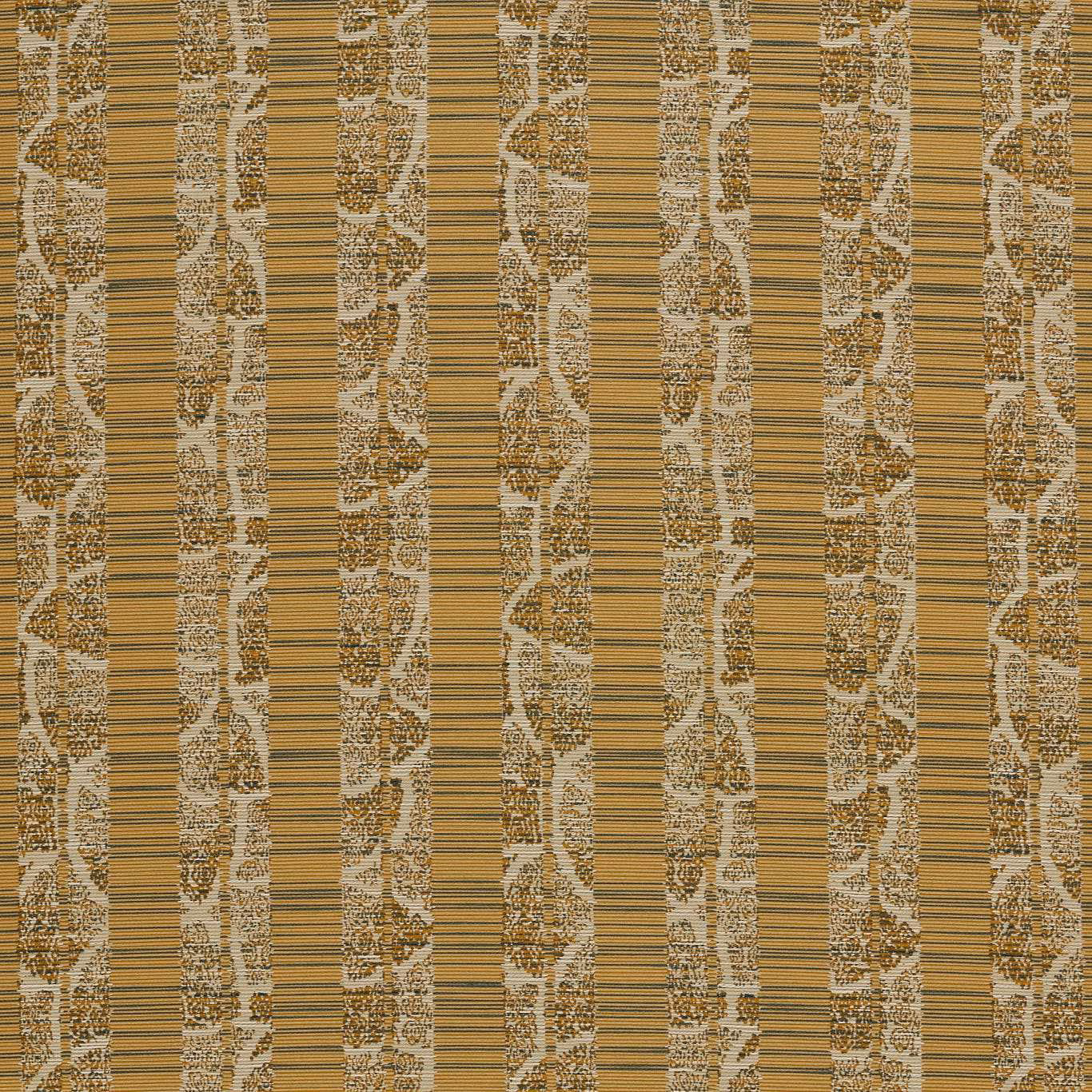 Ochre yellow outdoor stripe with broken cream motifs and brown horizontal texture
