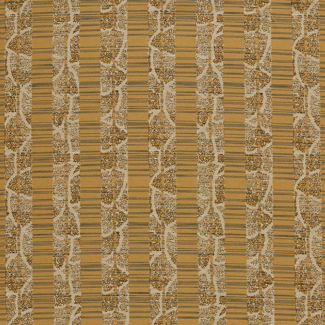 Ochre yellow outdoor stripe with broken cream motifs and brown horizontal texture