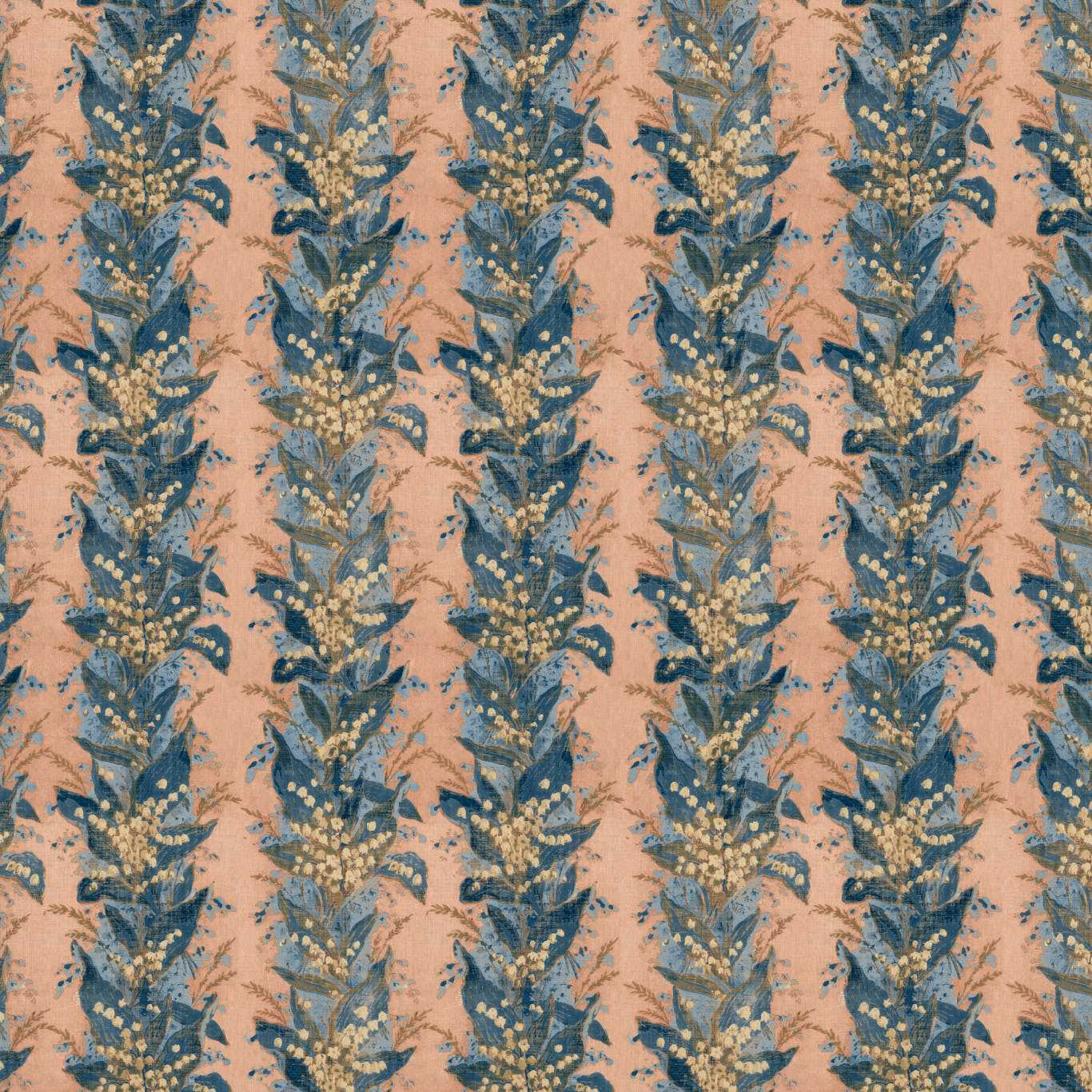 Dusty coral fabric with repeated blue leafy sprigs and small gold berry clusters