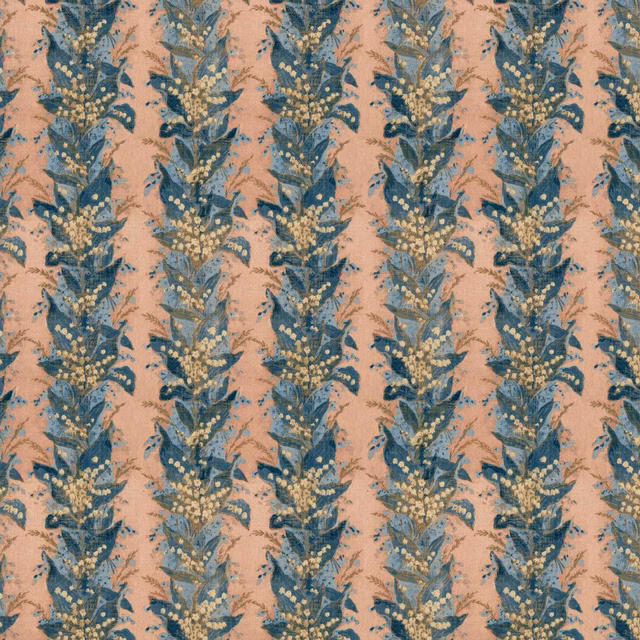 Dusty coral fabric with repeated blue leafy sprigs and small gold berry clusters