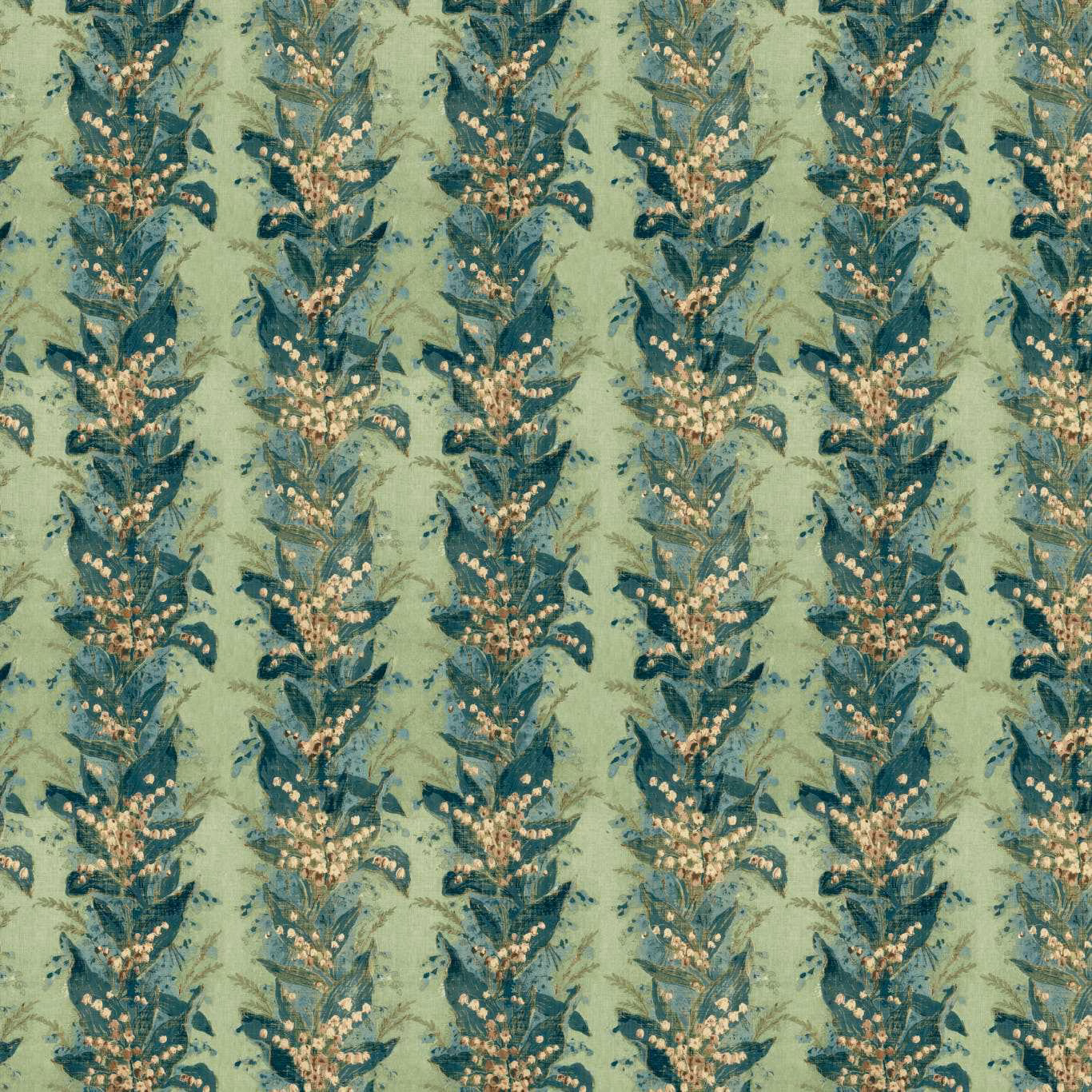 Muted sage fabric with vertical teal foliage, cream flowers and painterly botanical stripes
