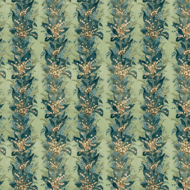 Muted sage fabric with vertical teal foliage, cream flowers and painterly botanical stripes