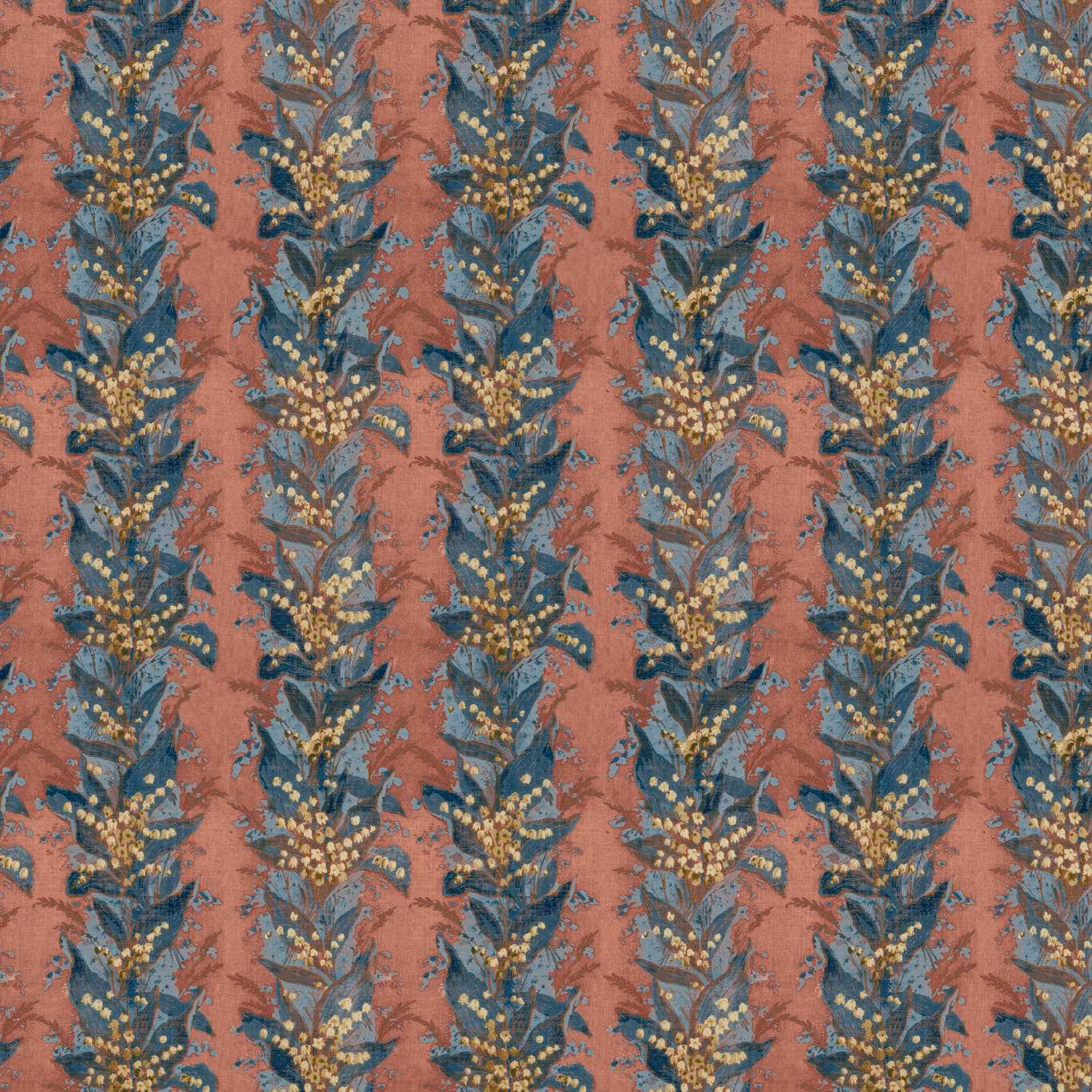 Muted coral ground with blue-green botanical sprays and small gold accents