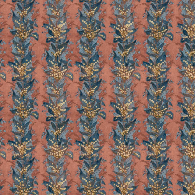 Muted coral ground with blue-green botanical sprays and small gold accents
