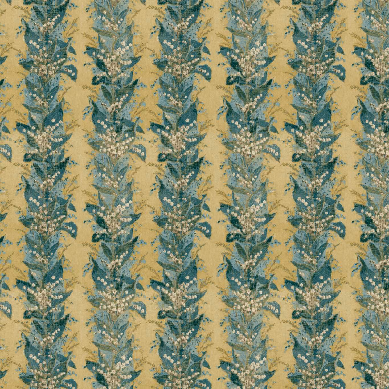 Tuscan yellow textile with teal-blue botanical stripes and pale clustered blossoms