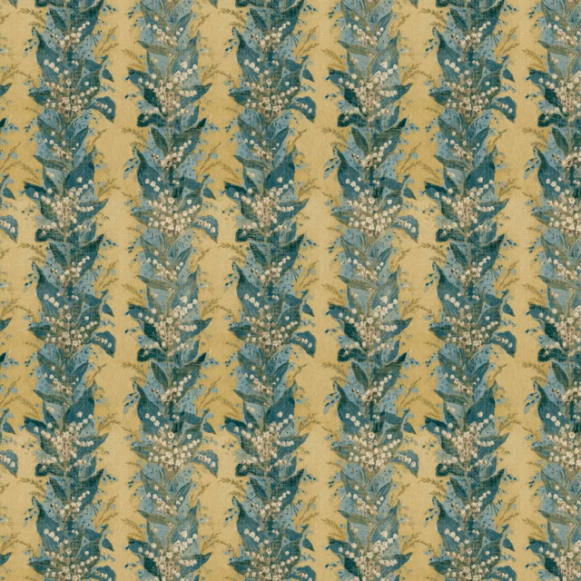 Tuscan yellow textile with teal-blue botanical stripes and pale clustered blossoms