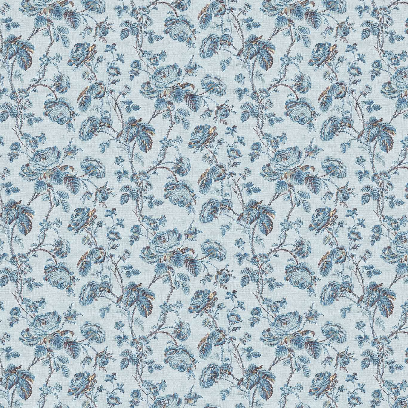 Pale azure woven fabric with dense blue floral vines, leaves and rose-like blooms
