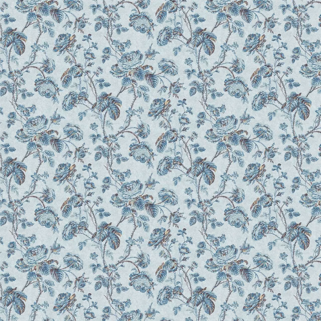 Pale azure woven fabric with dense blue floral vines, leaves and rose-like blooms
