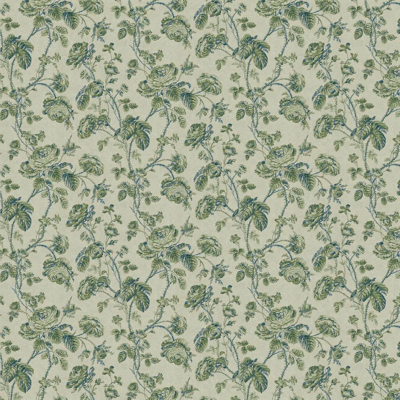 Pale sage outdoor fabric with curling blue-green vines and leafy botanical clusters