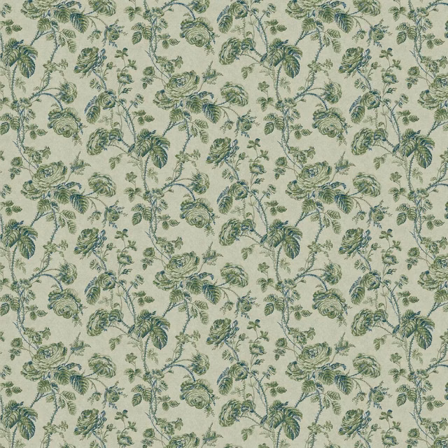 Pale sage outdoor fabric with curling blue-green vines and leafy botanical clusters