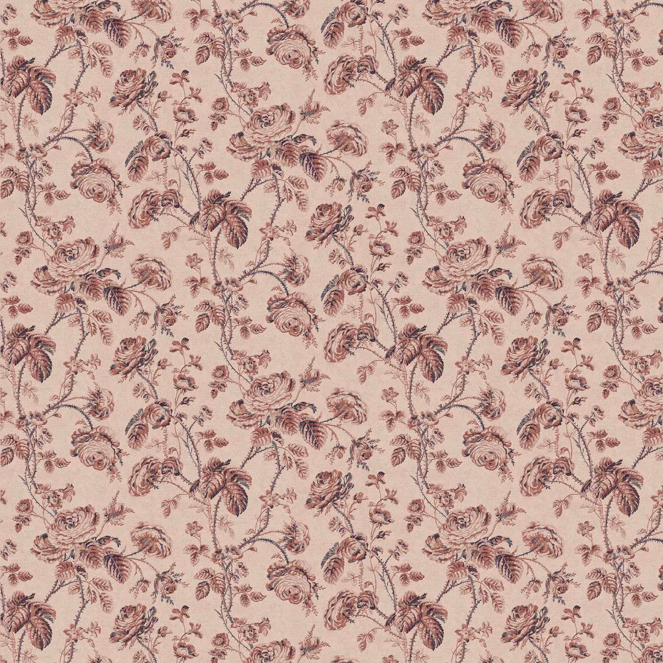 Blush outdoor fabric with dusky rouge vines, leaves and curling flowers