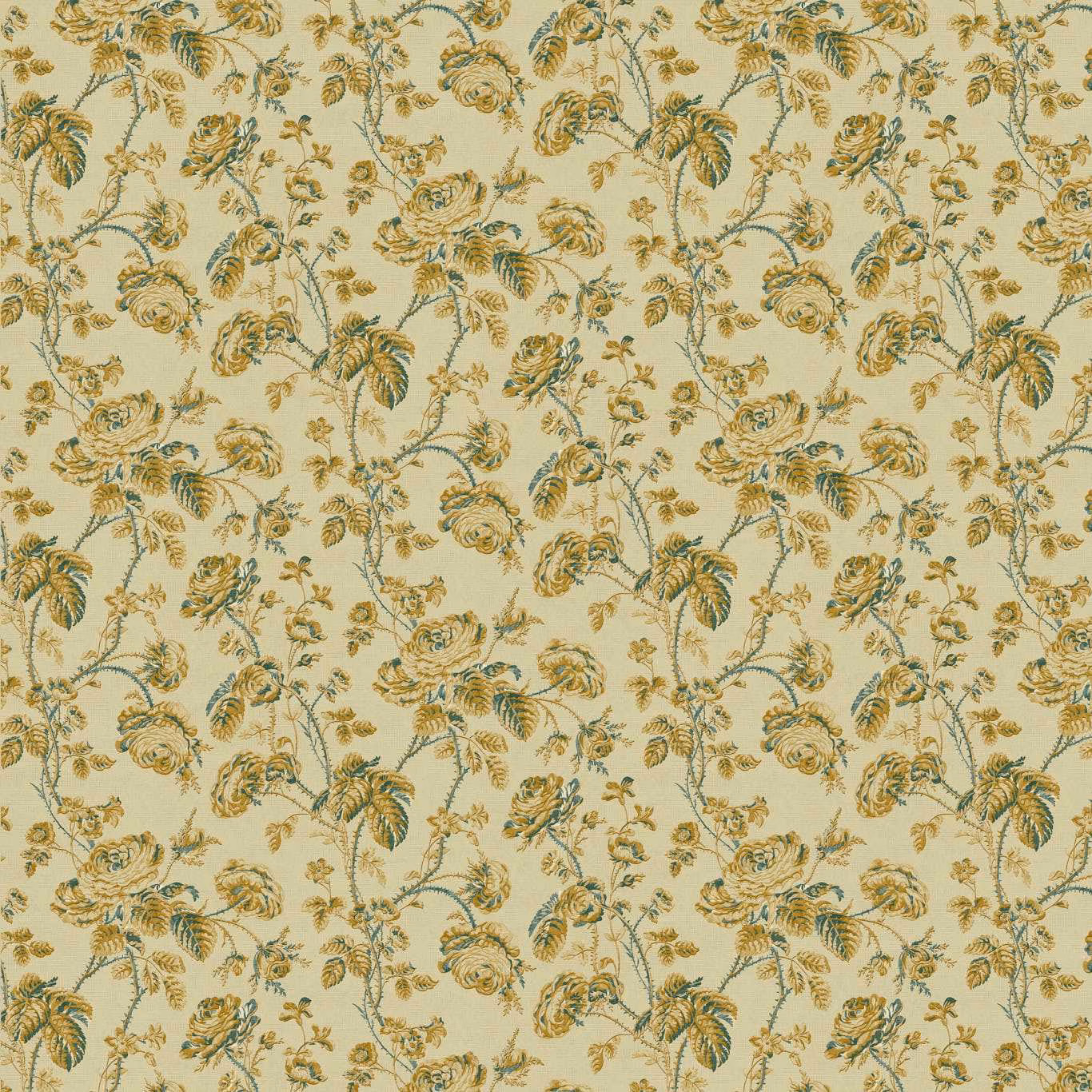 Muted yellow botanical fabric with olive vines, palm leaves and curling floral sprays