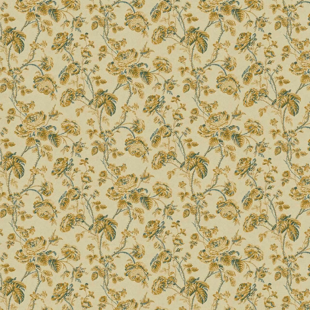 Muted yellow botanical fabric with olive vines, palm leaves and curling floral sprays