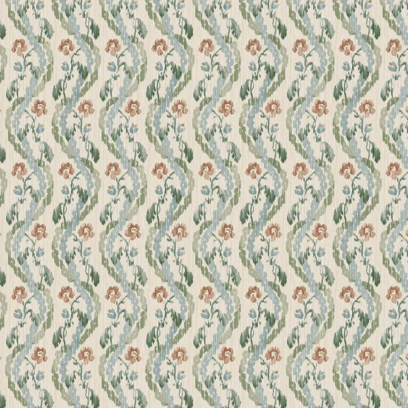 Eau de nil outdoor fabric with sage leafy trails, blue-grey stems and blush flowers