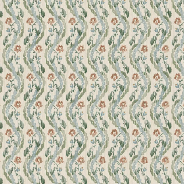 Eau de nil outdoor fabric with sage leafy trails, blue-grey stems and blush flowers