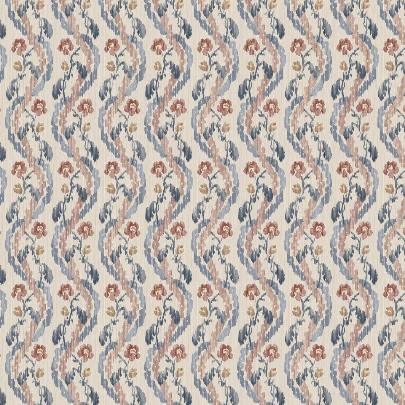 Cream fabric with repeating indigo foliage, dusty red flowers and scrolling vertical stems