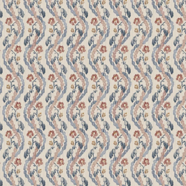 Cream fabric with repeating indigo foliage, dusty red flowers and scrolling vertical stems