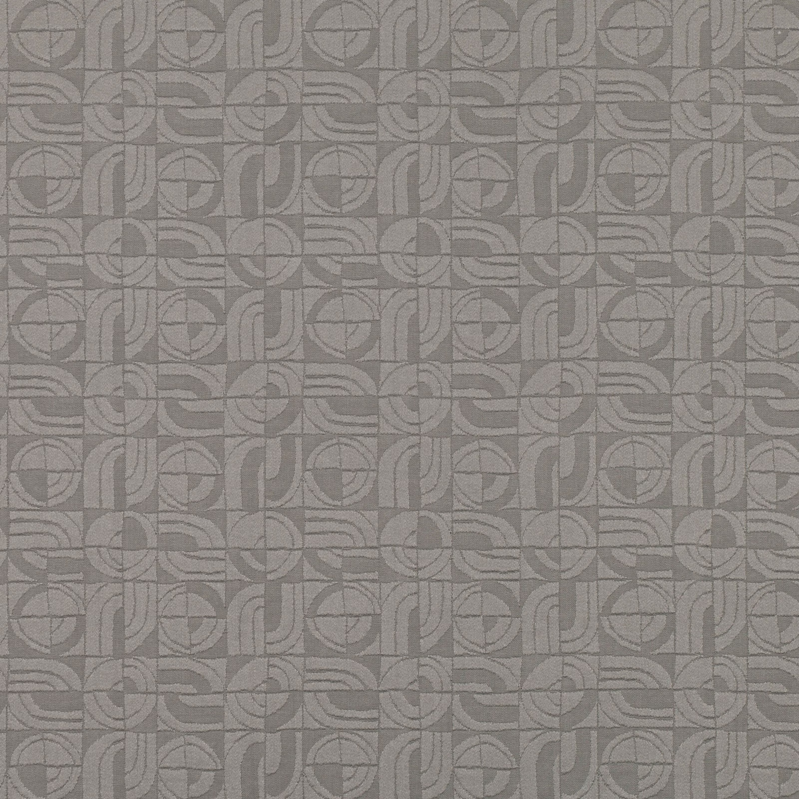 Muted taupe-grey geometric textile with repeating circles and curved linear motifs