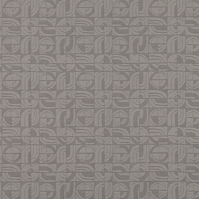 Muted taupe-grey geometric textile with repeating circles and curved linear motifs