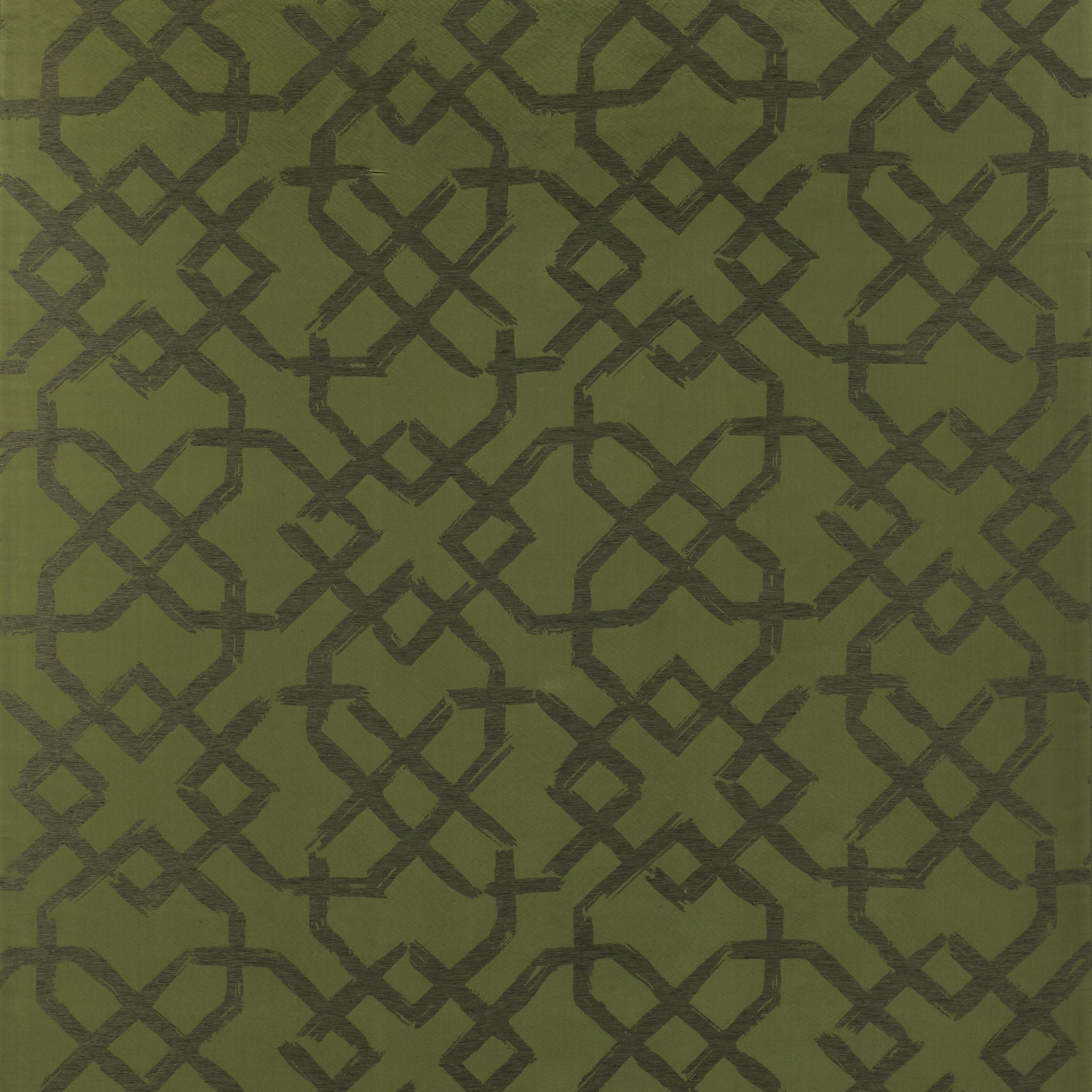 Moss olive textile with charcoal interlocking geometric lattice and subtle woven texture