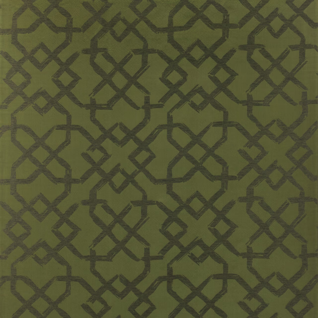 Moss olive textile with charcoal interlocking geometric lattice and subtle woven texture