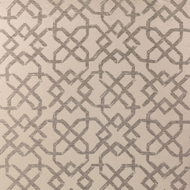 Warm greige geometric lattice with softly brushed grey bands and horizontal weave texture