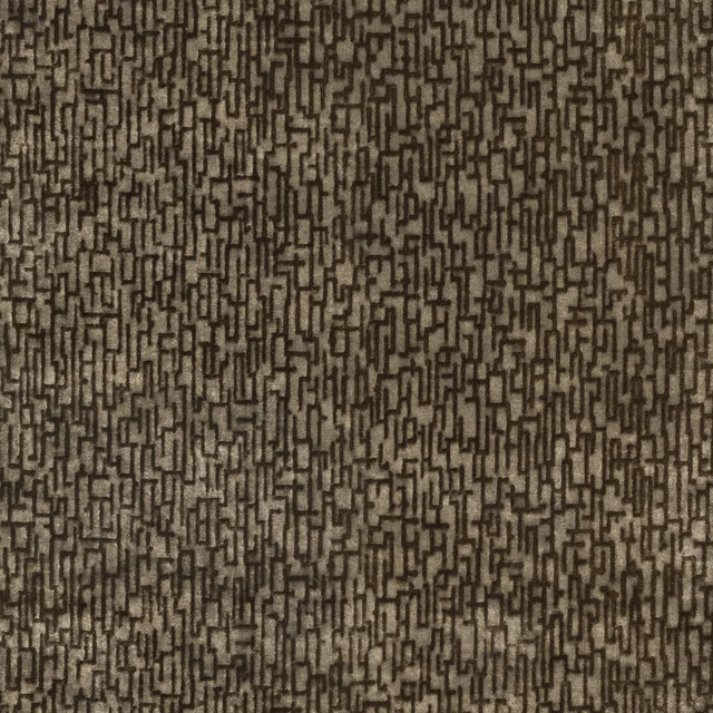 Warm taupe-brown woven fabric with dense charcoal maze-like geometric lines