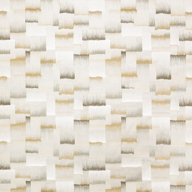 Ivory textile with caramel and taupe brush-edged geometric blocks
