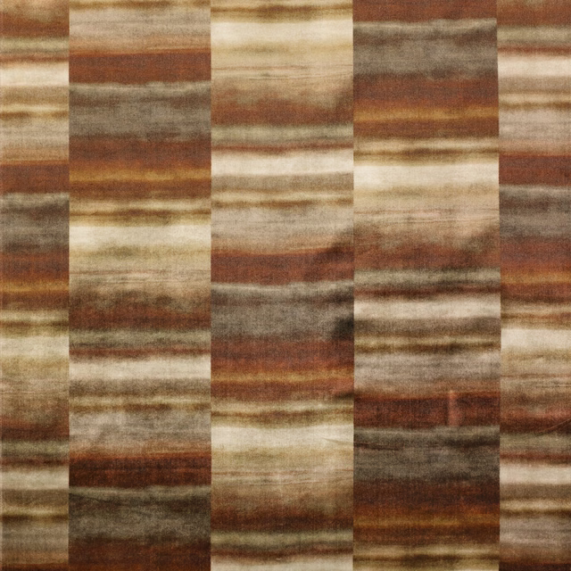 Rust-brown and taupe woven textile with broad, softly brushed horizontal bands