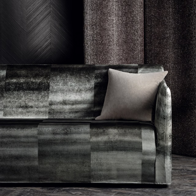 Charcoal and silver-grey abstract panelled fabric with a softly lustrous brushed texture