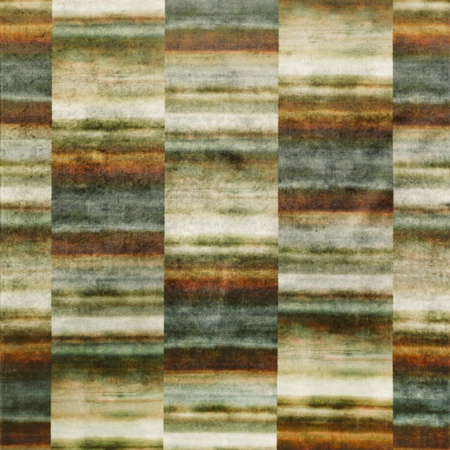 Verdigris textile with broad vertical panels and brushed cream, grey and rust bands